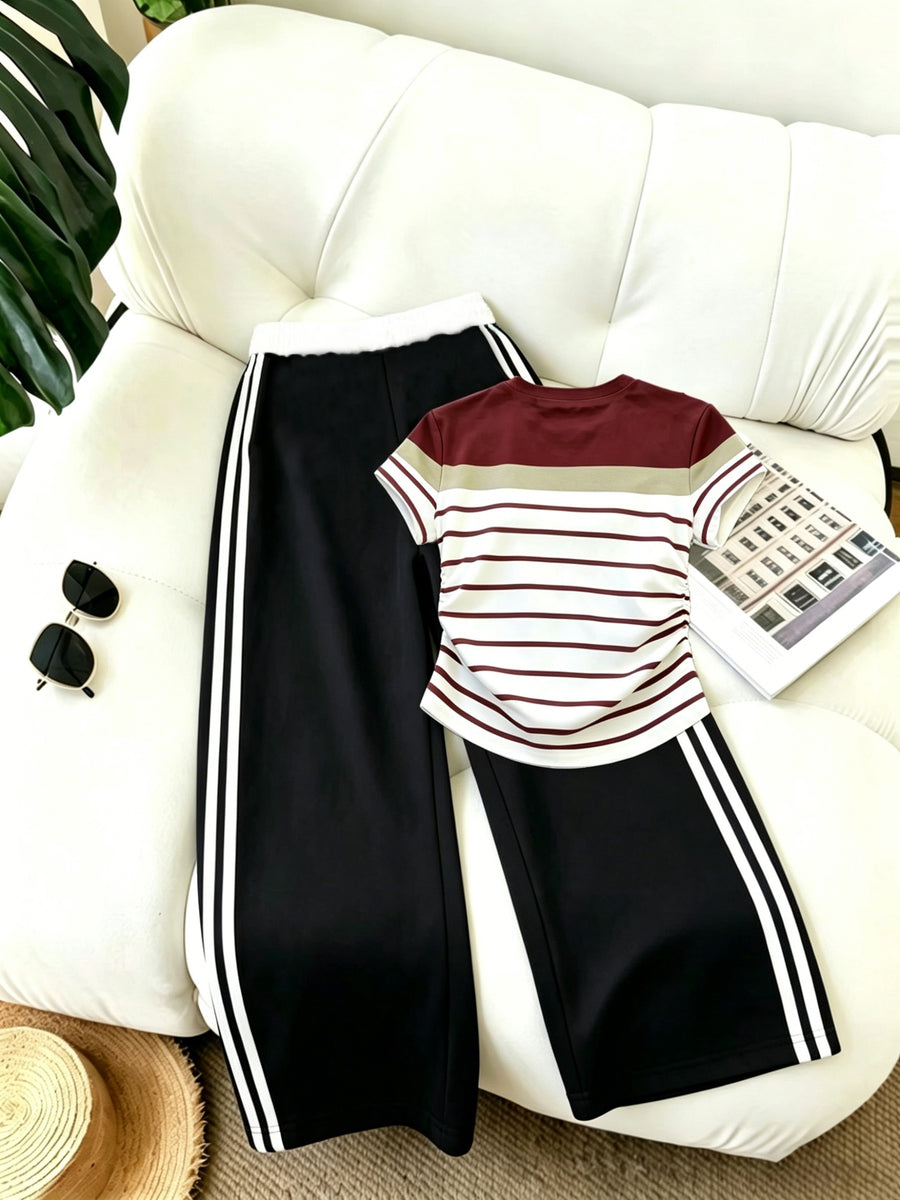 Women'S 2pcs Set Long Pants And Belt Patchwork Casual Sports Street Retro Style Loose Athletic Trousers And American Retro Casual Waist Pleated Craft Short Sleeve Digital Positioning Printed Short Sleeve Top - Black+Burgundy