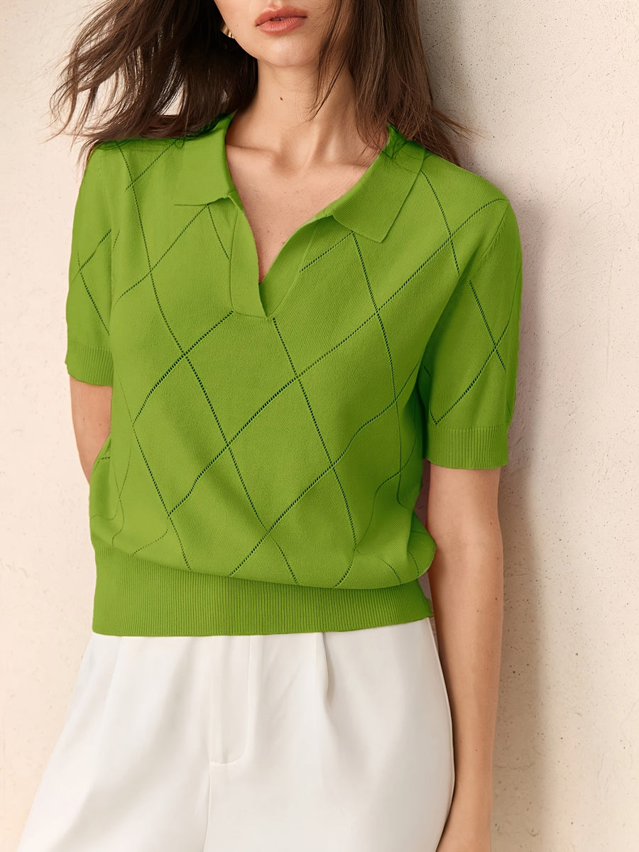 Women's Collar Rhombus Pattern Short Sleeve Top, Versatile Commuter Style for Spring and Summer - Green