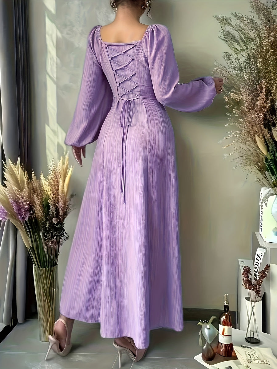 A-Line Long Dress for Women Featuring a Solid Color, Elegant Lantern Sleeves, And a Back Tie Detail - Fitted Bodice with a Flowing Skirt, Suitable for Spring, Summer, And Fall, Machine Washable Long Sleeve Dresses - Purple
