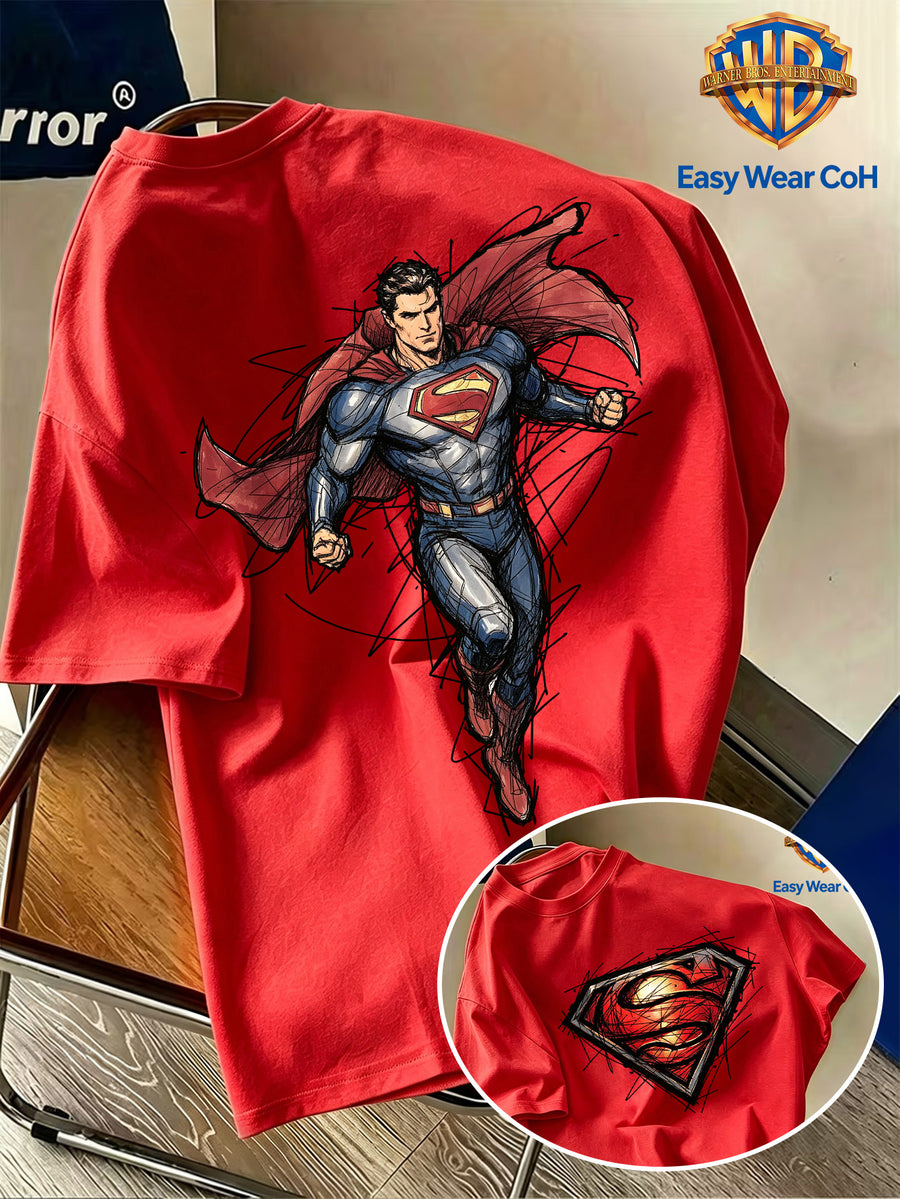 Warner Bros. Authentic Men's Pure Cotton Short-Sleeve T-Shirt, Featuring a Classic Hand-drawn Sketch-style Superman Core Pattern + S Shield Logo Creative Print. The Sketch Design Has Finely Detailed Layers, and the Pure Cotton Fabric Dispels Summer - Red