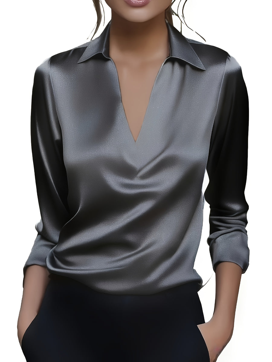 Women'S Elegant Shimmering V-Neck Long Sleeve Shirt - Grey