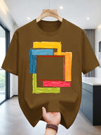 2026 Men'S Casual Short Sleeve T-Shirt with Hand-Painted Multi-Color Square Pattern Design - Summer Round Neck Tee Suitable for Beach, Picnic, And Casual Wear - Hand Washable Art Top, Regular Fit, 100%, Machine Washable, Sizes S-2XL - Dark Brown