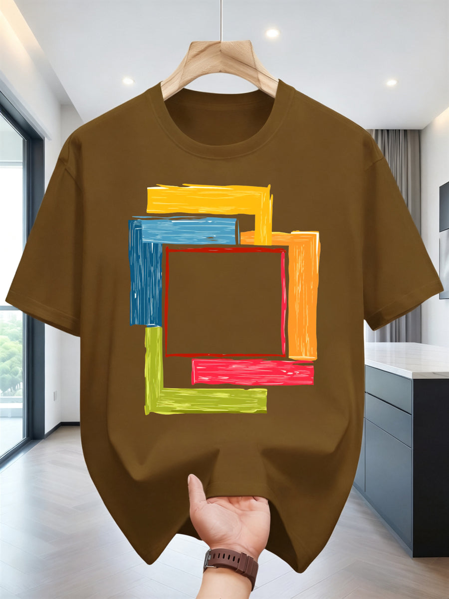 2026 Men'S Casual Short Sleeve T-Shirt with Hand-Painted Multi-Color Square Pattern Design - Summer Round Neck Tee Suitable for Beach, Picnic, And Casual Wear - Hand Washable Art Top, Regular Fit, 100%, Machine Washable, Sizes S-2XL - Dark Brown