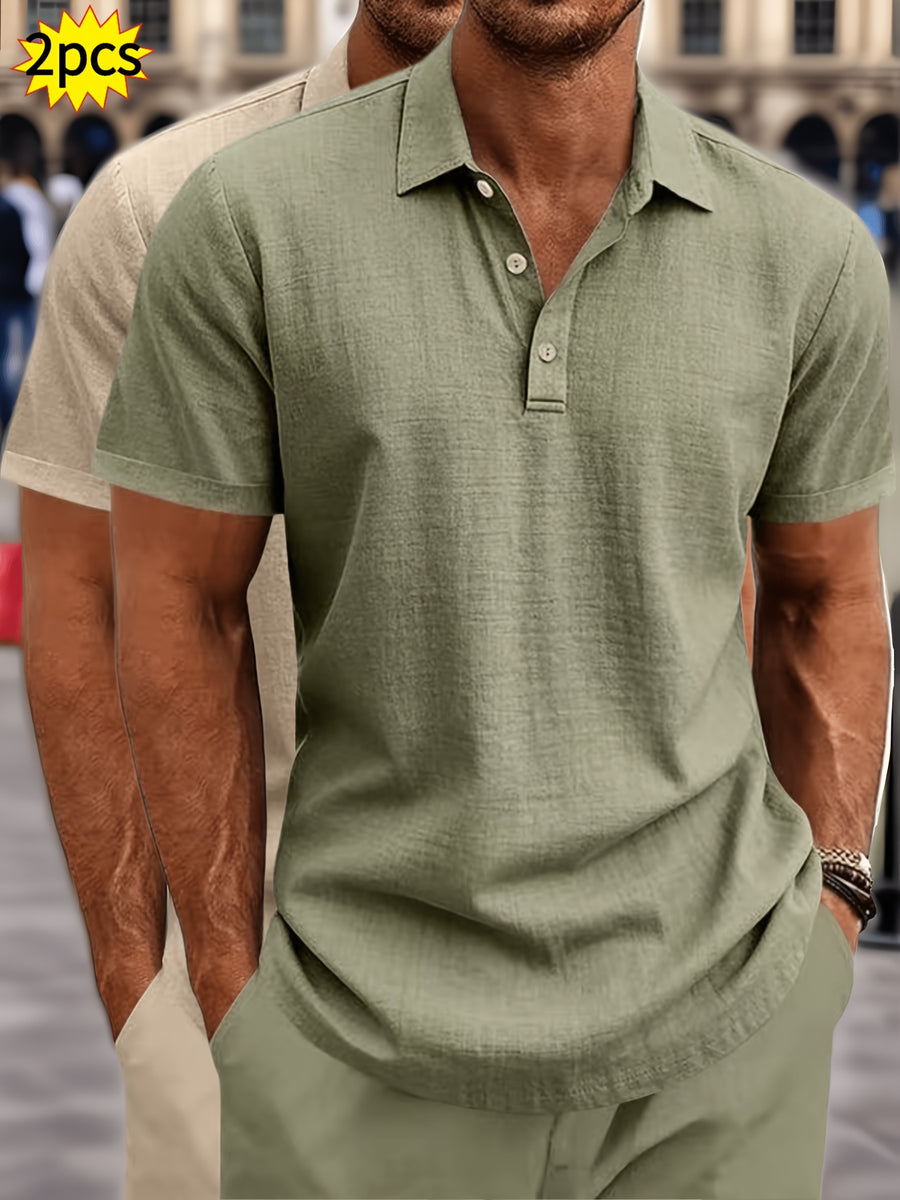 2pcs Summer Cooling Linen Polo Shirt Set, Men'S Breathable Solid Casual Shirts - Army Green+Khaki