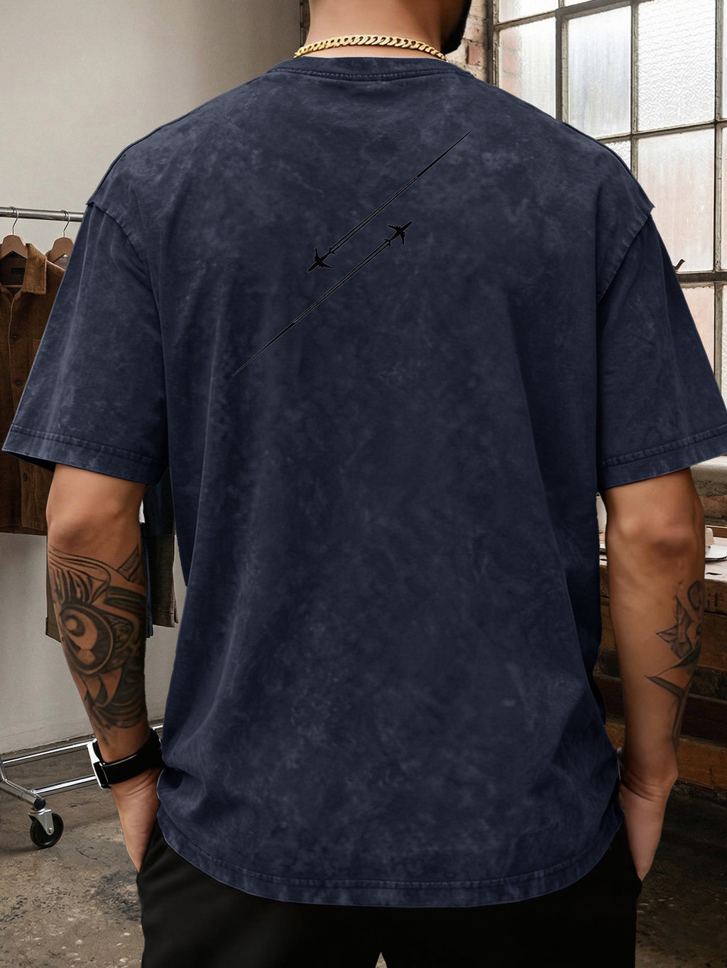 Men'S Heavyweight Washed T-Shirt Minimalist Airplane Line Art Print High Street Vintage Distressed Tee 2026 Summer Casual Urban Wear - Navy Color
