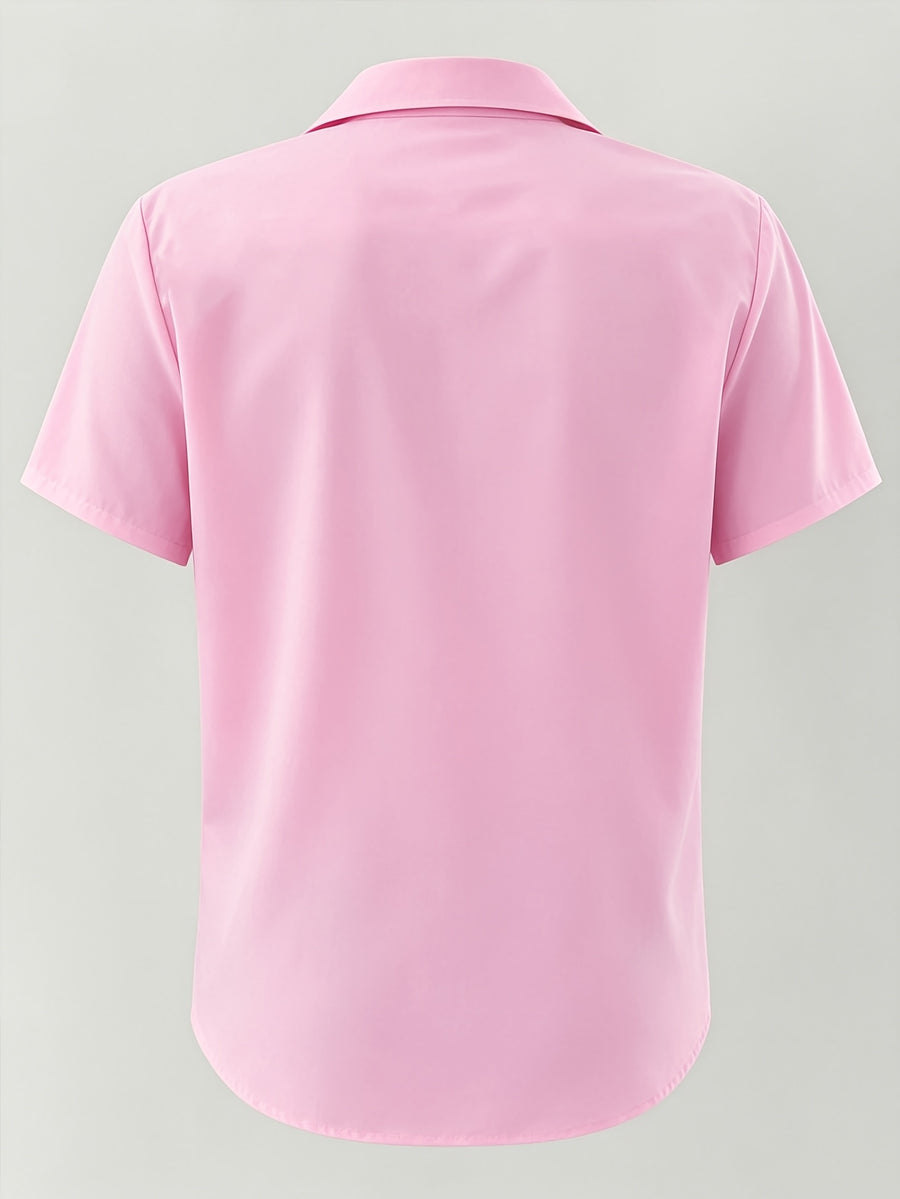 Spring/Summer Women's Short-Sleeve Solid Color Shirt for Daily and Commuting Wear, Machine Washable Shirt - Pink
