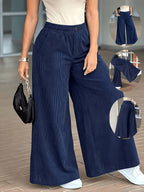 Women'S Corduroy Fashion Casual Wide-Leg Pants with Pockets, Elegant Loose Straight Trousers, High-Waist Drapey Wide-Leg Trousers, Loose Pants - Navy Color
