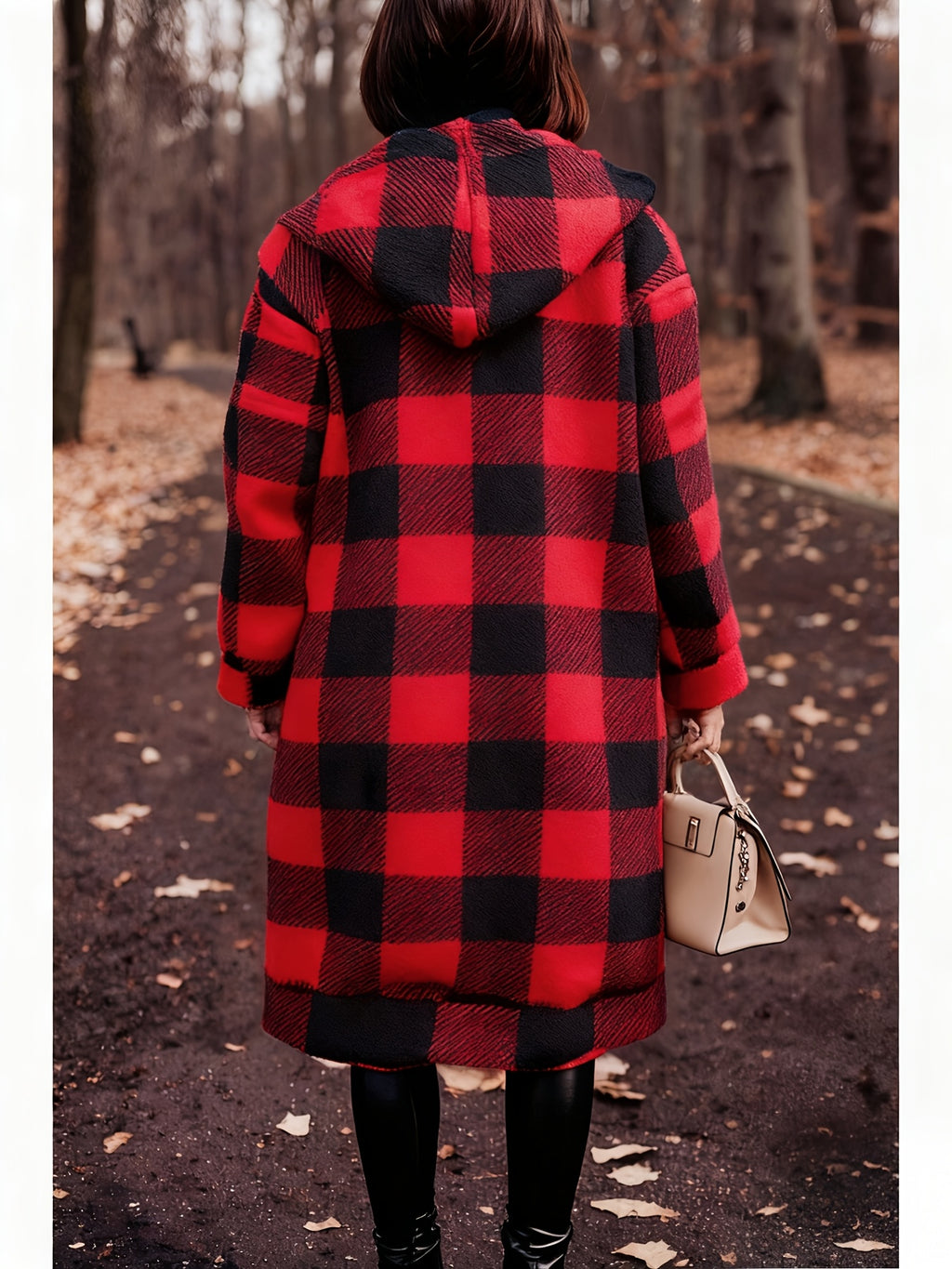 Winter Women's Hooded Cardigan, Two-Tone Plaid, Mid-Length, Thickened Warm Pea Coat - Red
