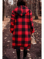 Winter Women's Hooded Cardigan, Two-Tone Plaid, Mid-Length, Thickened Warm Pea Coat - Red