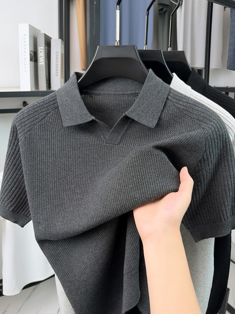 Men's V-Neck Knit Short-Sleeve T-Shirt for Autumn/Summer Workplace Wear and Outdoor Sports, Casual Sporty Sweater, Knitted Top with a V-Neck for a Campus-Style Vibe, Business Casual Short-Sleeve Versatile Pullover V-Neck Tee for Banquets - Grey