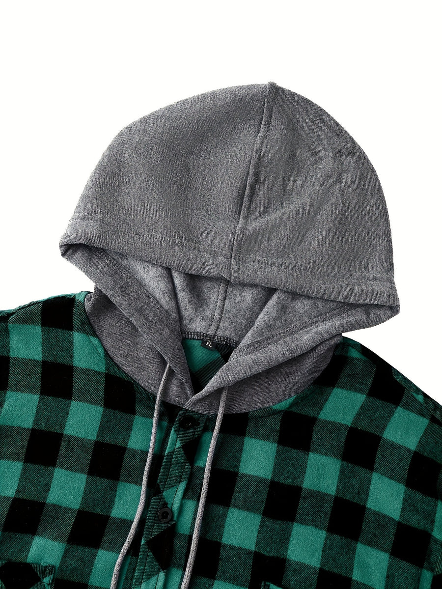Men's Fashion Hooded Plaid Trendy Shirt Hooded Plaid Sweatshirt, Autumn/Winter Essentials, New Season - Dark Green