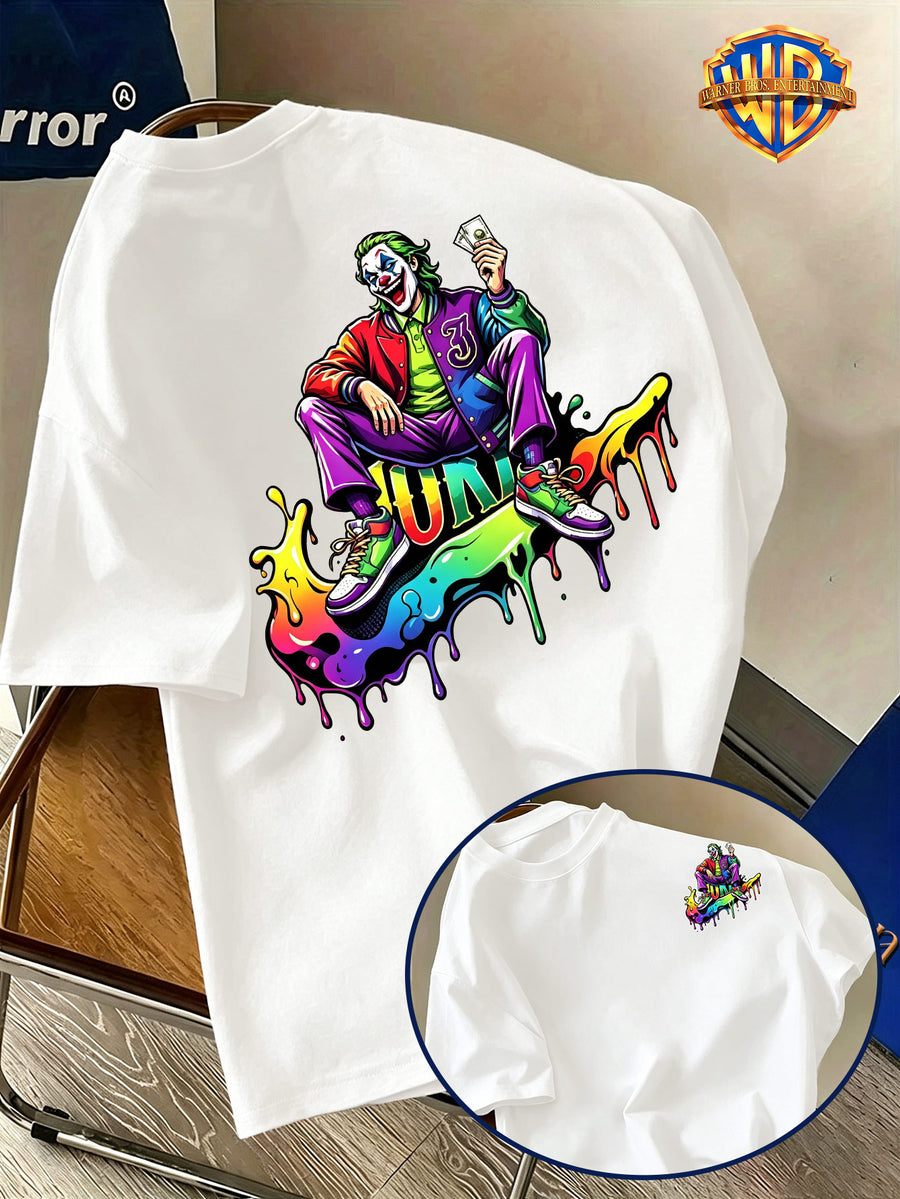 Halloween Back-To-School Men'S Short Sleeve T-Shirt, Warner Bros. Official DC Joker Sitting Colorful Dripping Trendy Cartoon Print, All-Match Casual Spring Summer Regular Fit Top, Breathable And Skin-Friendly, Suitable for Daily Outings - White