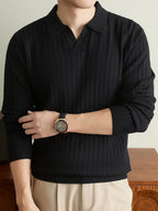 Autumn Winter Men'S Sweater, Lapel Men'S Long Sleeve Sweater, Casual Solid Color Pinstripe Seagull Collar Knit Warm Pullover POLO Shirt, Daily Commute Outdoor Holiday Wear POLO Shirt Sweater - Black