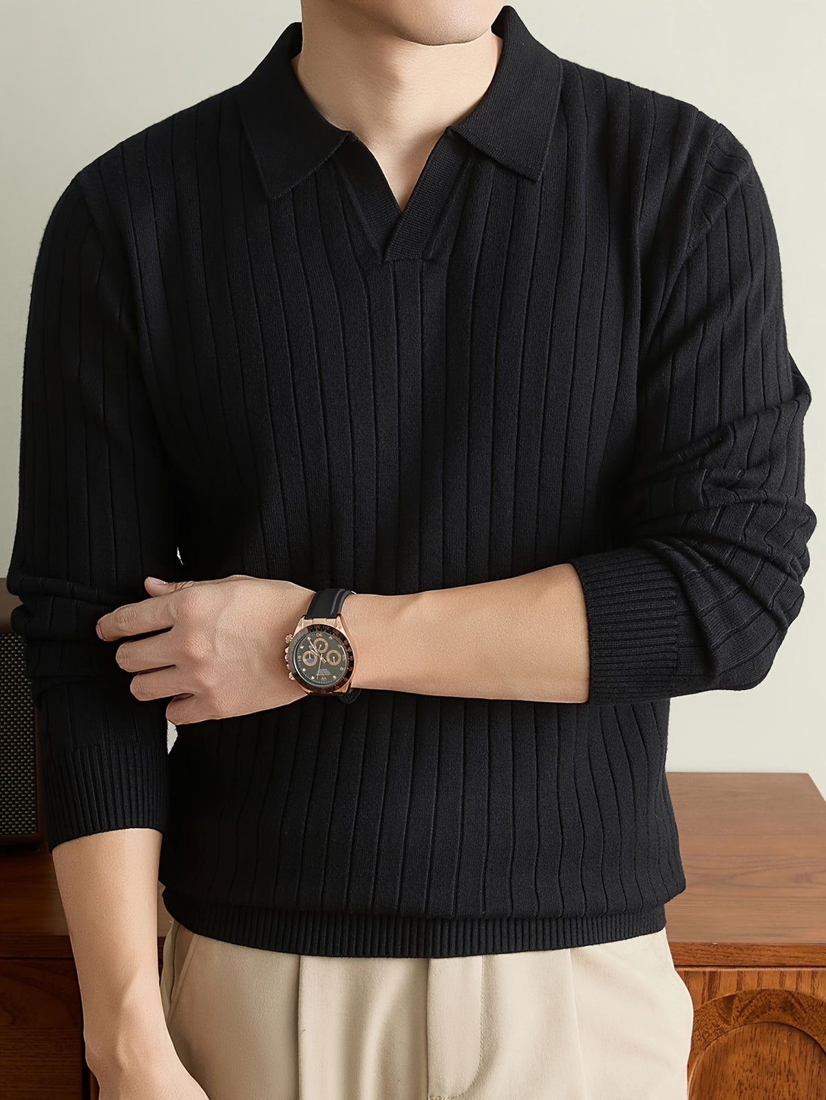 Autumn Winter Men'S Sweater, Lapel Men'S Long Sleeve Sweater, Casual Solid Color Pinstripe Seagull Collar Knit Warm Pullover POLO Shirt, Daily Commute Outdoor Holiday Wear POLO Shirt Sweater - Black