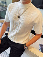 Men's New Solid Color Rhombus Fashion Semi-High Neck Knit Sweater, Spring/Summer Casual Short Sleeve Knit Top - White