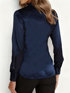 Elegant Special Edition Women'S Satin Blouse - Long Sleeve Shirt, Classic Collar, Medium Stretch And Machine Washable, Suitable for Office, Commute, Or Formal Events, Office Wear, Exquisite Casual, Smooth Texture - Navy Color