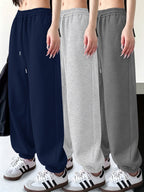 3pcs Set Halloween Casual Long Pants Elastic Waistband Pants, Warm Elastic Waistband Casual Trousers for Women's Outerwear in Fall/Winter - Blue+Gray+Dark Gray