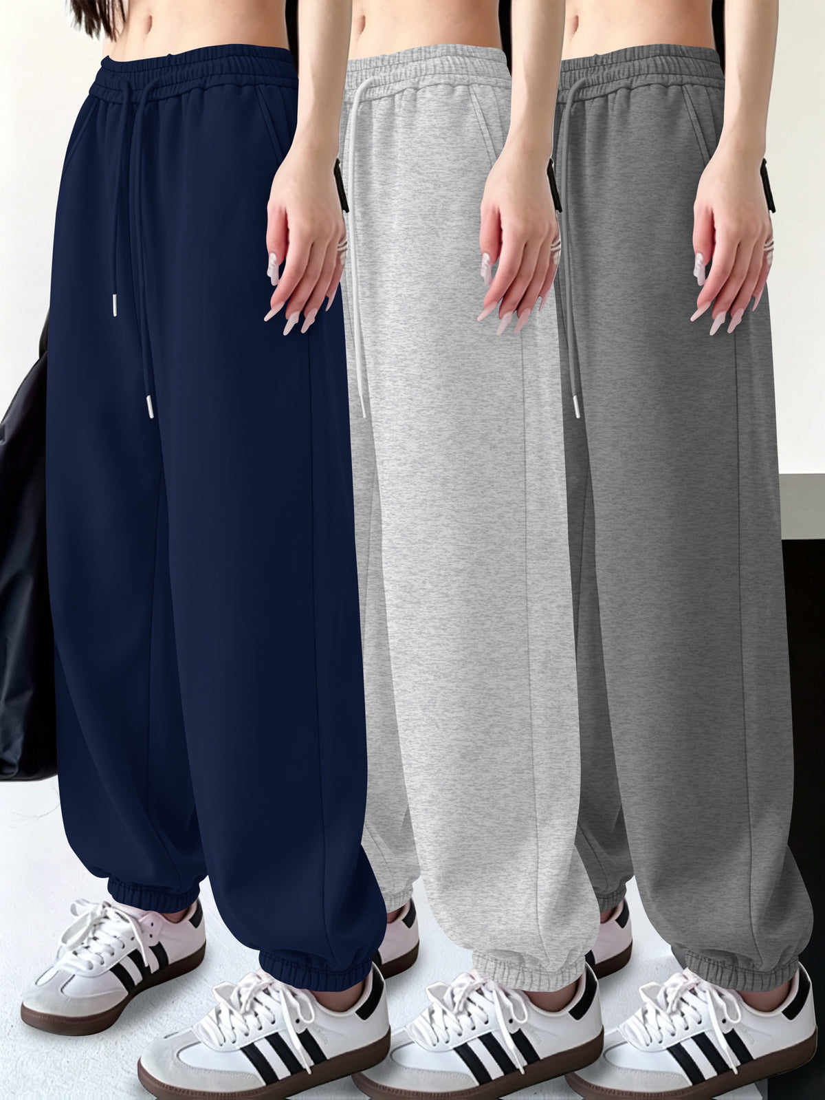 3pcs Set Halloween Casual Long Pants Elastic Waistband Pants, Warm Elastic Waistband Casual Trousers for Women's Outerwear in Fall/Winter - Blue+Gray+Dark Gray