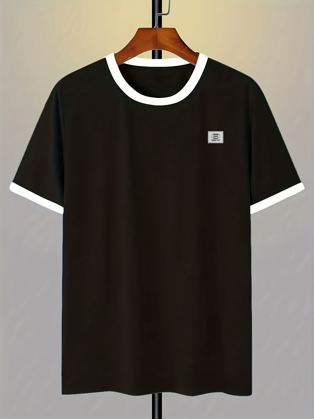 Men's 95% Polyester T-Shirt with Color-Block Patch & Badge Detail - Crew Neck Base Layer Suitable for Casual, Sportswear, All-Season Wear, Machine Washable, High-Fit Regular Fit Top for Layering and Everyday Use - Black And White