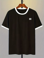 Men's 95% Polyester T-Shirt with Color-Block Patch & Badge Detail - Crew Neck Base Layer Suitable for Casual, Sportswear, All-Season Wear, Machine Washable, High-Fit Regular Fit Top for Layering and Everyday Use - Black And White