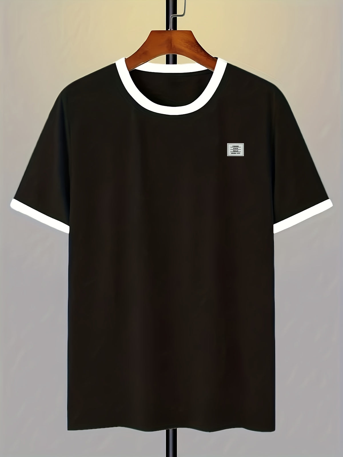 Men's 95% Polyester T-Shirt with Color-Block Patch & Badge Detail - Crew Neck Base Layer Suitable for Casual, Sportswear, All-Season Wear, Machine Washable, High-Fit Regular Fit Top for Layering and Everyday Use - Black And White