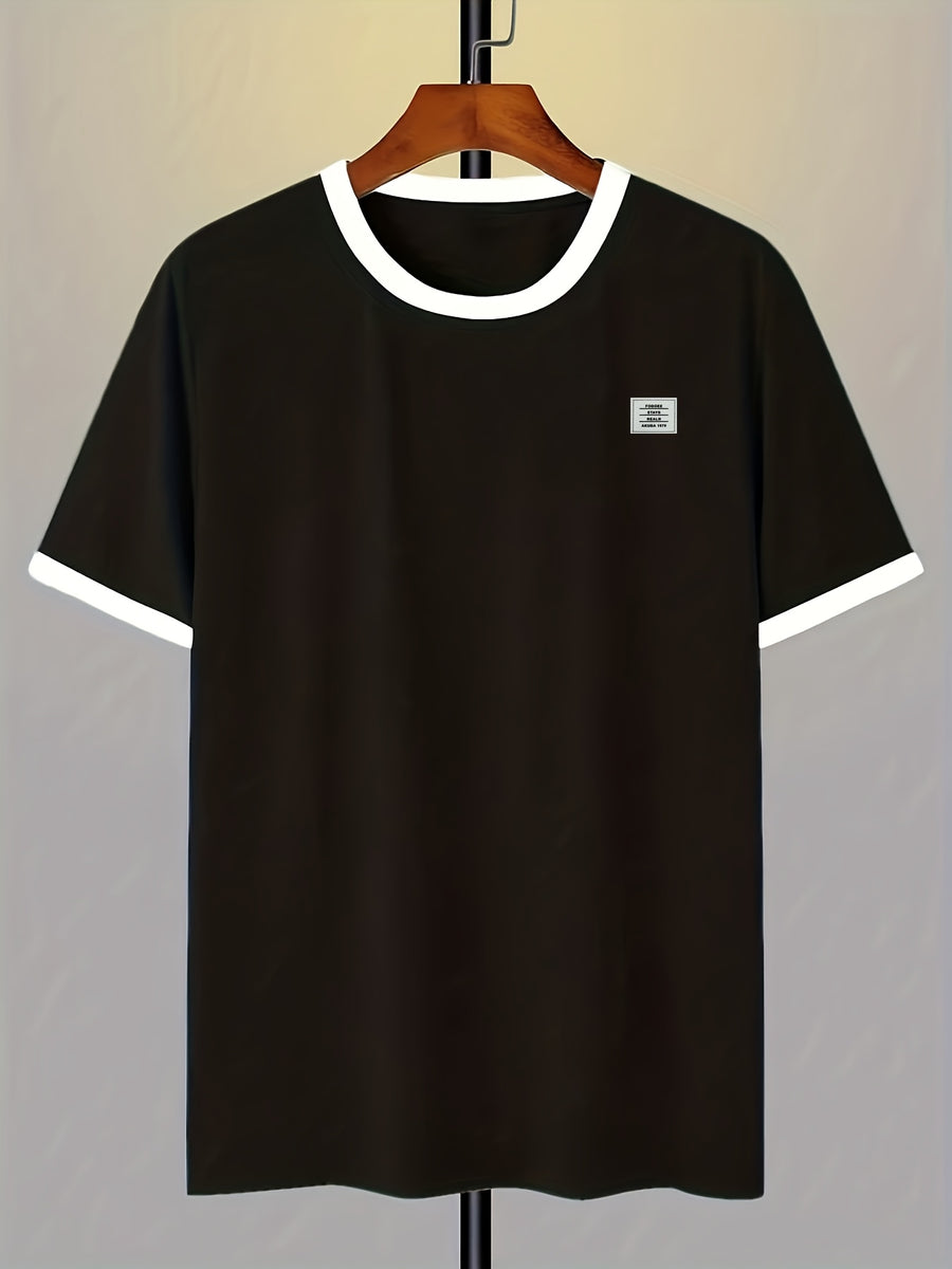 Men's 95% Polyester T-Shirt with Color-Block Patch & Badge Detail - Crew Neck Base Layer Suitable for Casual, Sportswear, All-Season Wear, Machine Washable, High-Fit Regular Fit Top for Layering and Everyday Use - Black And White