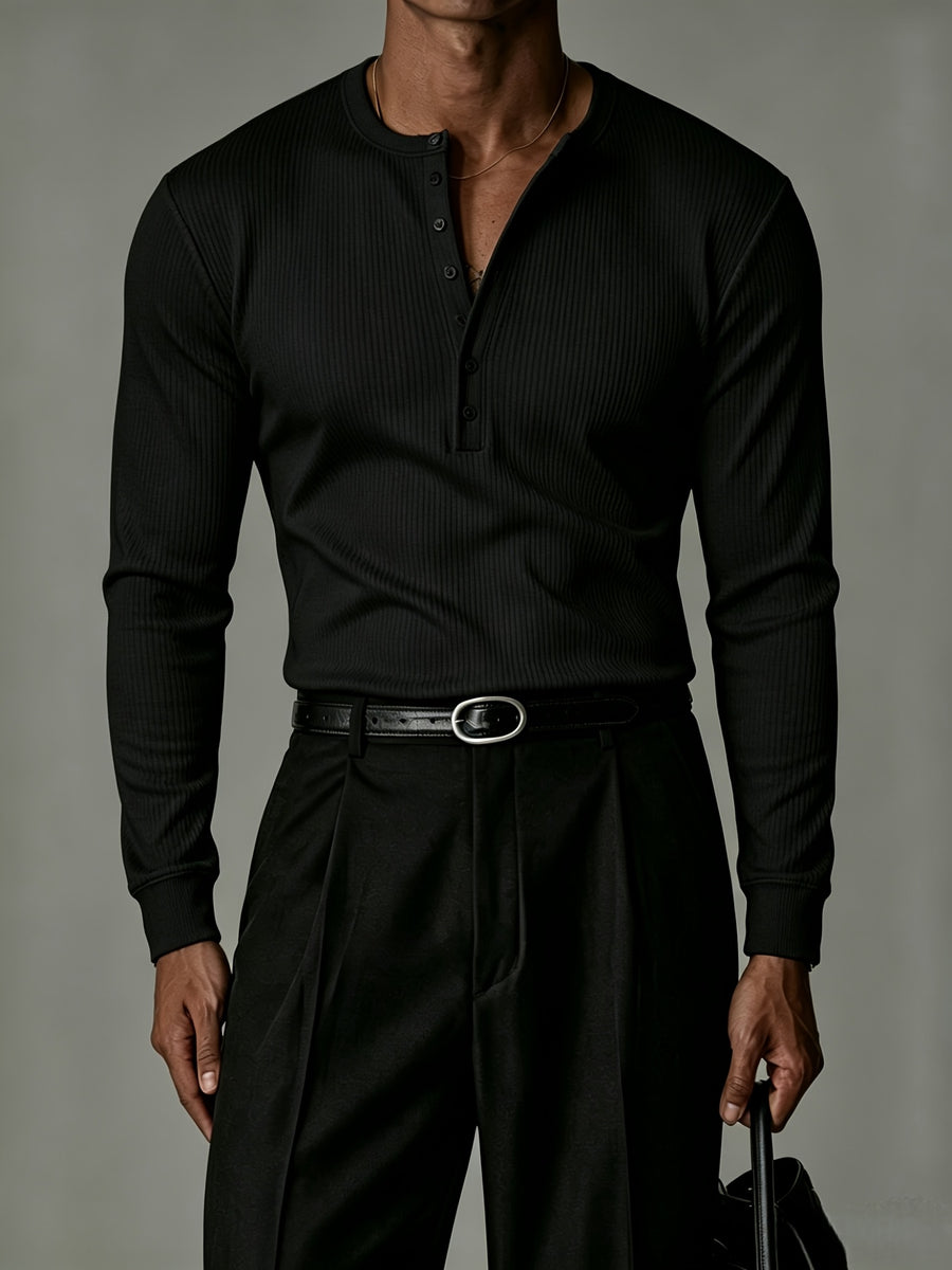 Men'S Long Sleeve, Multi-Color Optional Ribbed Henley Slim Fit Casual Solid Top, High-Quality Fitted T-Shirt - Black