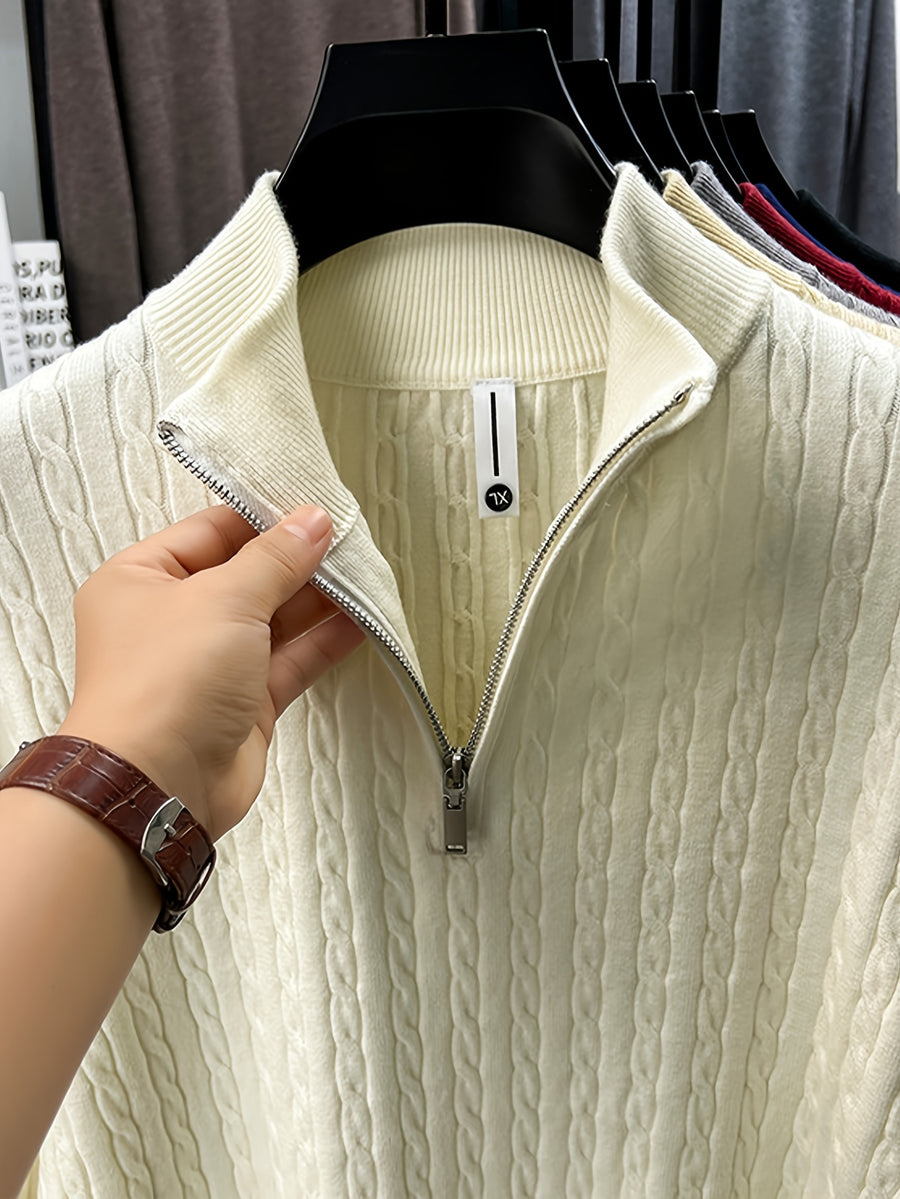 Half-zip Cable-knit Sweater, Fully Constructed with Herringbone Cable Stitching for a Strong Three-dimensional Texture. Compared to a Stockinette Sweater, It Has a More Vintage Feel. The Slightly Relaxed Fit Offers Good Forgiveness for Body Shapes - White