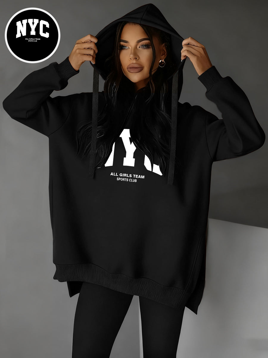 Women'S Stylish Hoodie with Side Slits And Drawstring for Autumn And Winter, Perfect for And Casual Wear, Featuring Cute Prints And a Comfortable Fit, Available in Multiple Colors - Black