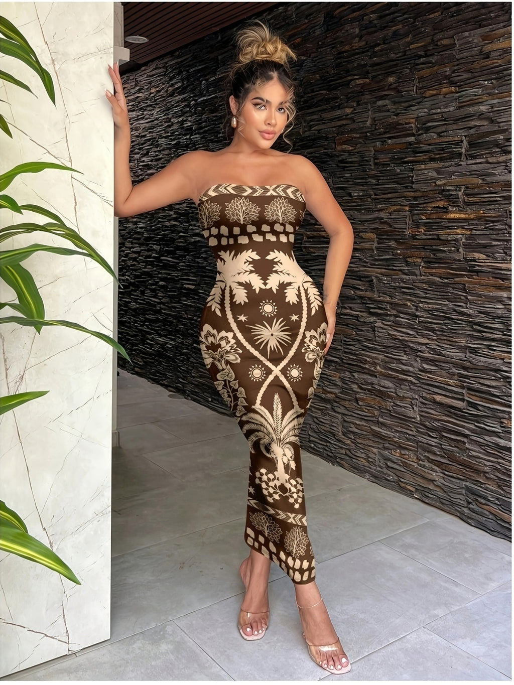 Women'S Fashion Apparel Exquisite Holiday Beach Party Attire Women'S Elegant Floral Print Off-The-Shoulder Strapless Tailored Waist-Cinched Bodycon Dress Bridesmaid Dress Women'S - Coffee Brown
