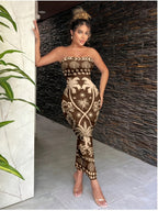 Women'S Fashion Apparel Exquisite Holiday Beach Party Attire Women'S Elegant Floral Print Off-The-Shoulder Strapless Tailored Waist-Cinched Bodycon Dress Bridesmaid Dress Women'S - Coffee Brown
