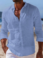 Men's 100% Pure Cotton Lapel Button-Up Long Sleeve Shirt, 2pcs Set. A Versatile Casual Top for Spring and Autumn, Suitable for Daily Wear. The Fabric Is Comfortable and Breathable, Making It Perfect for Beach Vacations and Everyday Outings - Green+Light Blue