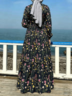 Comfortable Middle Eastern Print Long Dress Robe | Floral Pattern, Long Length, With Belt, Suitable For All Seasons - Black