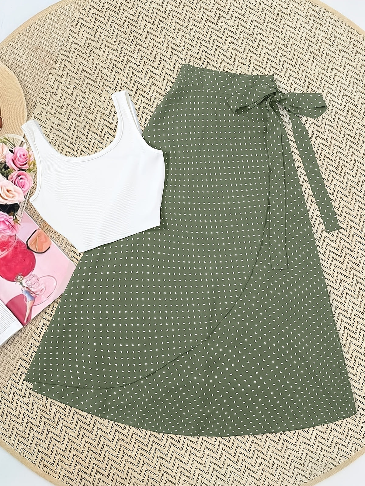 Women'S Elegant Solid Color Vest Polka Dot Half Skirt Casual Set, Suitable for Beach Vacation Outings - Mixed colors