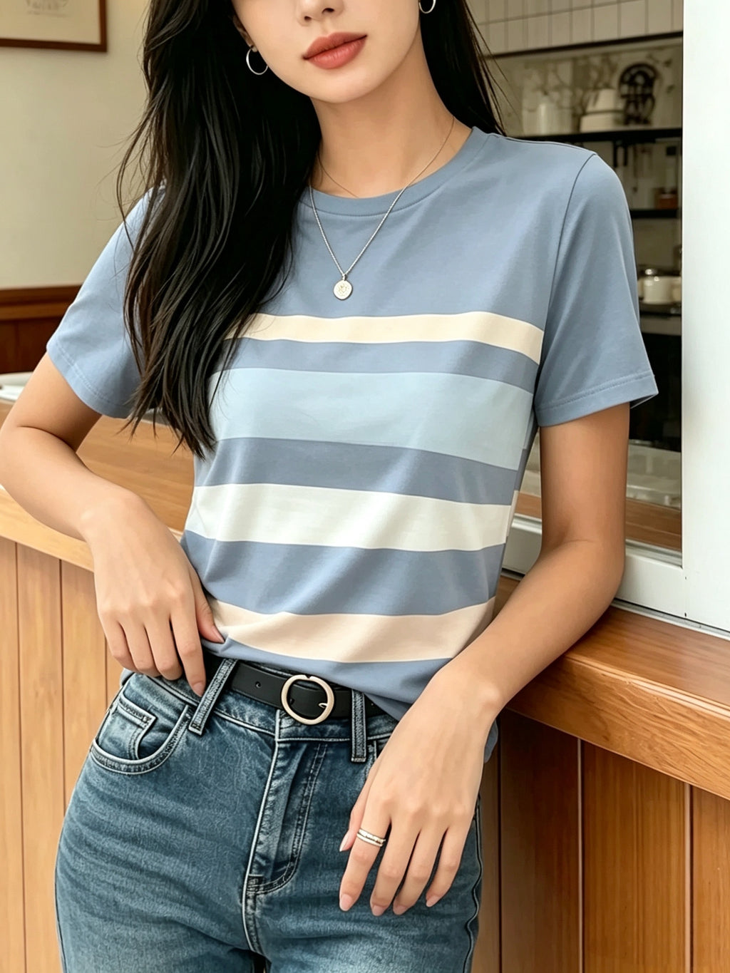 [Printed Design Texture] Women'S Korean-Style Blogger'S Colorful Striped T-Shirt, a Versatile Basic Short-Sleeve Top That Flatters The Figure And Is Suitable for All Body Types, a New Summer 2026 Model for Commuting And Casual Wear - Mixed Color 1