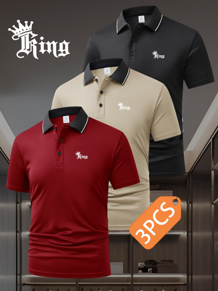 3pcs Set S20.32-2400.3 cmKING" Letter Logo New Men's Fashion Color-Block Quick-Dry Polo Shirt, Regular Fit Button Print, Golf Tennis Training Casual Sports Top - Khaki+black+burgundy