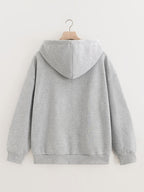 Women'S Fall Winter Fleece Loose Zip-Up Hooded Sweatshirt Jacket - Premium Trendy Niche Minimalist Youthful Versatile Casual Y2K Retro Style Small Shark Silhouette Print Design Top - Light Grey