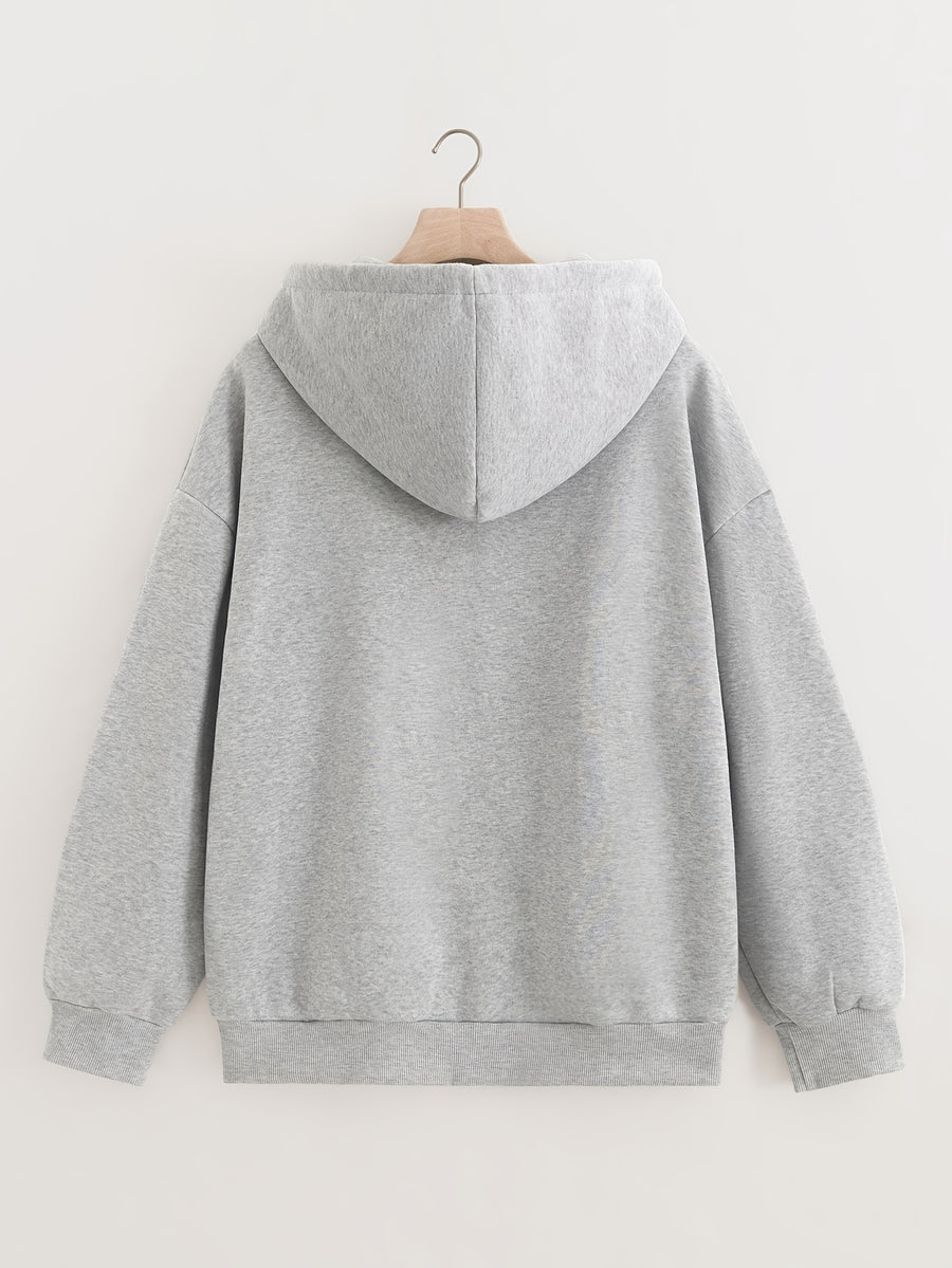 Women'S Fall Winter Fleece Loose Zip-Up Hooded Sweatshirt Jacket - Premium Trendy Niche Minimalist Youthful Versatile Casual Y2K Retro Style Small Shark Silhouette Print Design Top - Light Grey