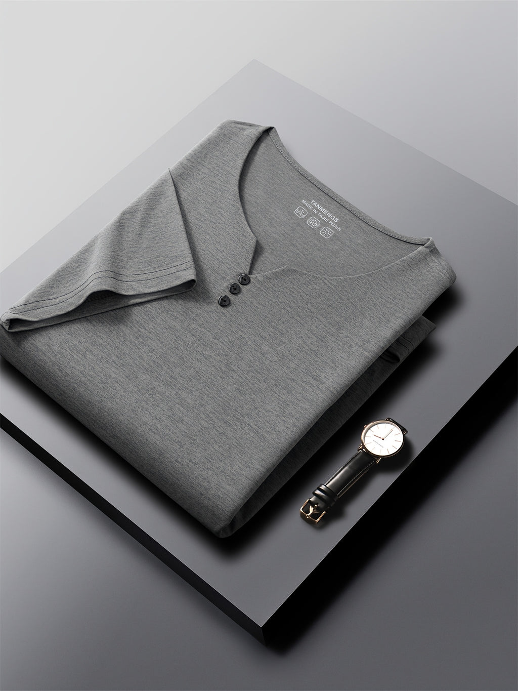 [Qiaoximei OBM] Collarless Men'S Top, Summer New Men'S Collarless Henley Shirt, Fake Button Decoration, Men'S Easy Wear, Suitable for Casual Outings And All-Match Style, Men'S Gift - Dark Gray