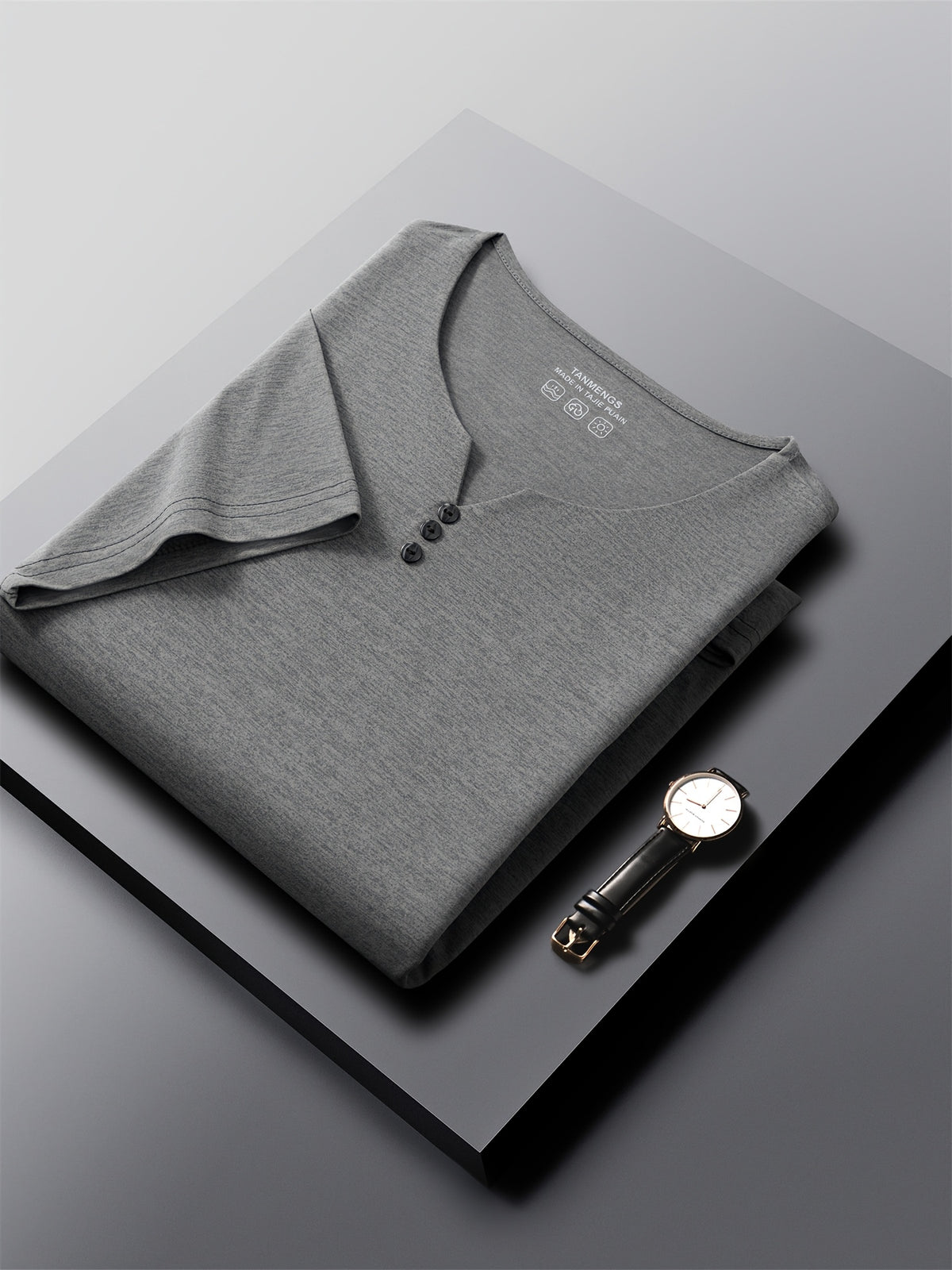 [Qiaoximei OBM] Collarless Men'S Top, Summer New Men'S Collarless Henley Shirt, Fake Button Decoration, Men'S Easy Wear, Suitable for Casual Outings And All-Match Style, Men'S Gift - Dark Gray