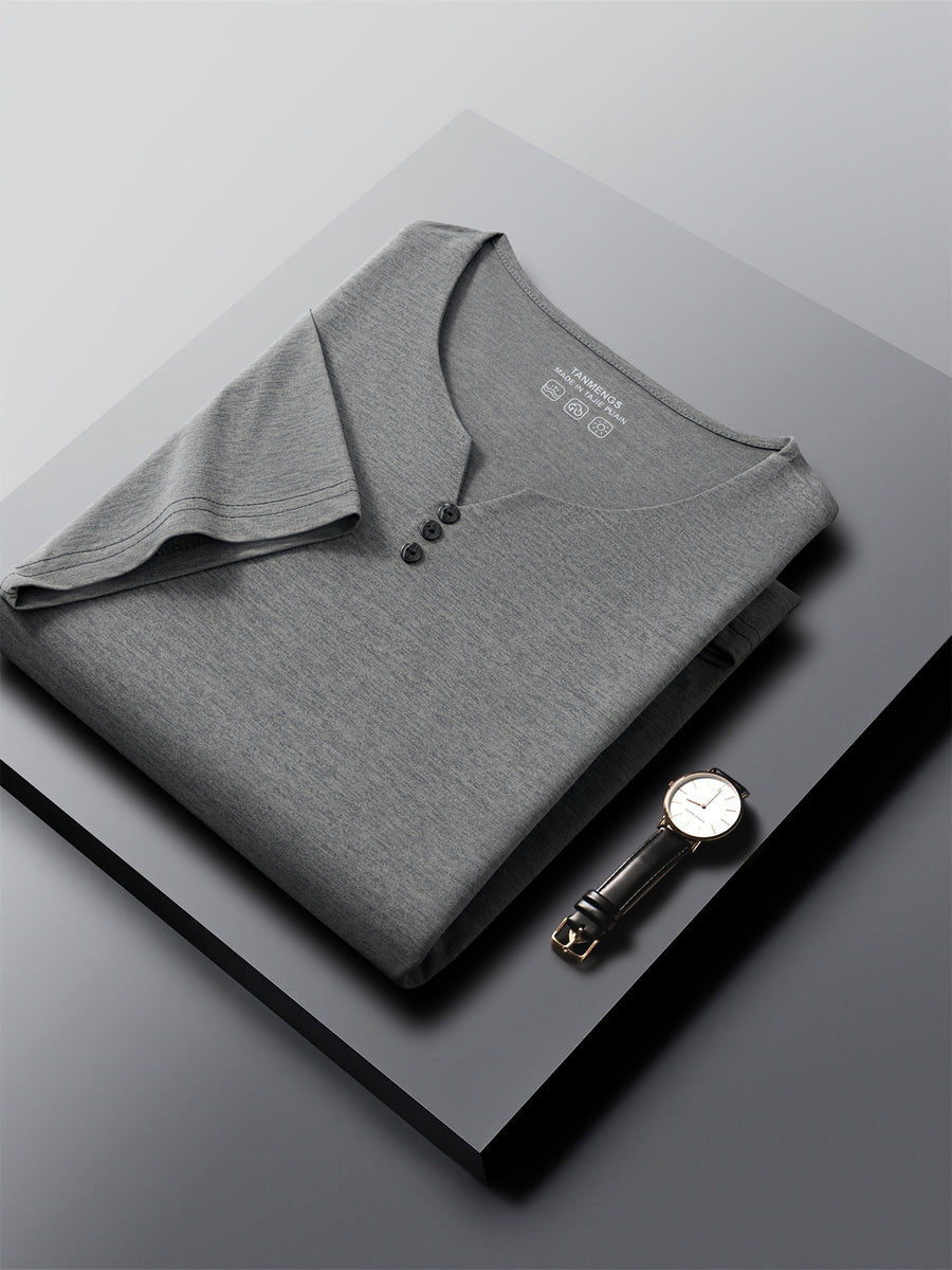 [Qiaoximei OBM] Collarless Men'S Top, Summer New Men'S Collarless Henley Shirt, Fake Button Decoration, Men'S Easy Wear, Suitable for Casual Outings And All-Match Style, Men'S Gift - Dark Gray