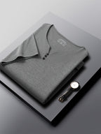 [Qiaoximei OBM] Summer New Men'S Henley Shirt, Collarless Solid Color Top, Faux Button Decoration, Golf Casual Wear, Suitable for Outings And Casual Wear, Men'S Gift - Dark Gray