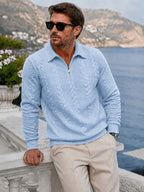 Men's Lapel Jacquard Knit Sweater for Spring, Autumn, and Winter, Casual Long-Sleeve Half-Open Front Zipper Fashionable Versatile Knit Outerwear Sweatshirt - Sky Blue