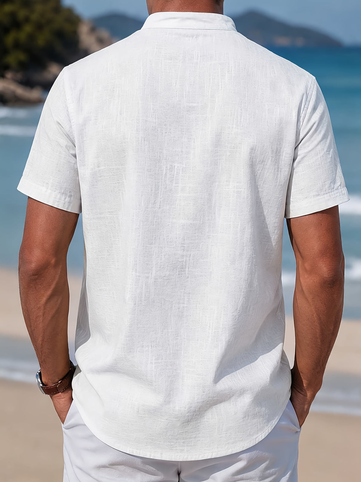Men's Casual Solid Color 100% Cotton Short Sleeve Summer Button-Up Shirt, Round Neck Breathable Sweat-Absorbent Pure Cotton Pocket Print 100g Lightweight Shirt - Off-white