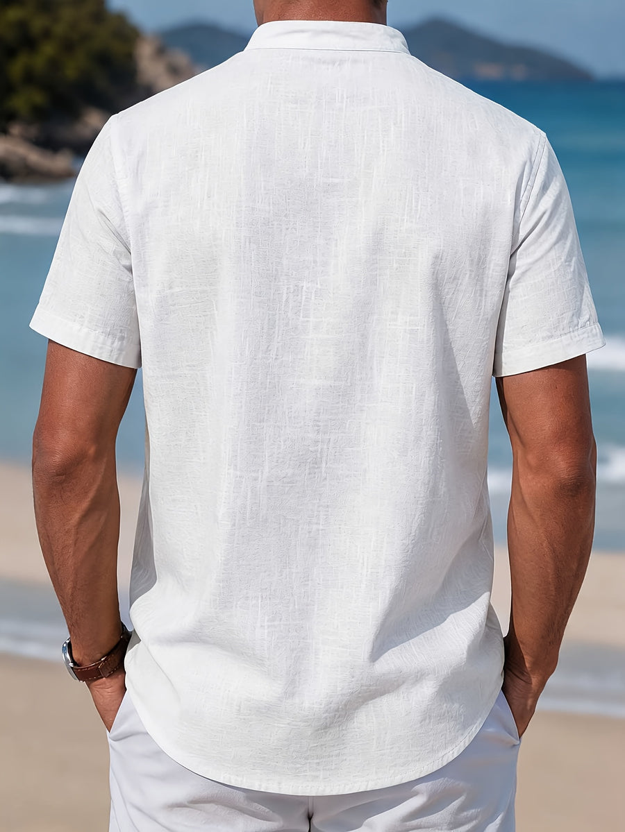 Men's Casual Solid Color 100% Cotton Short Sleeve Summer Button-Up Shirt, Round Neck Breathable Sweat-Absorbent Pure Cotton Pocket Print 100g Lightweight Shirt - Off-white