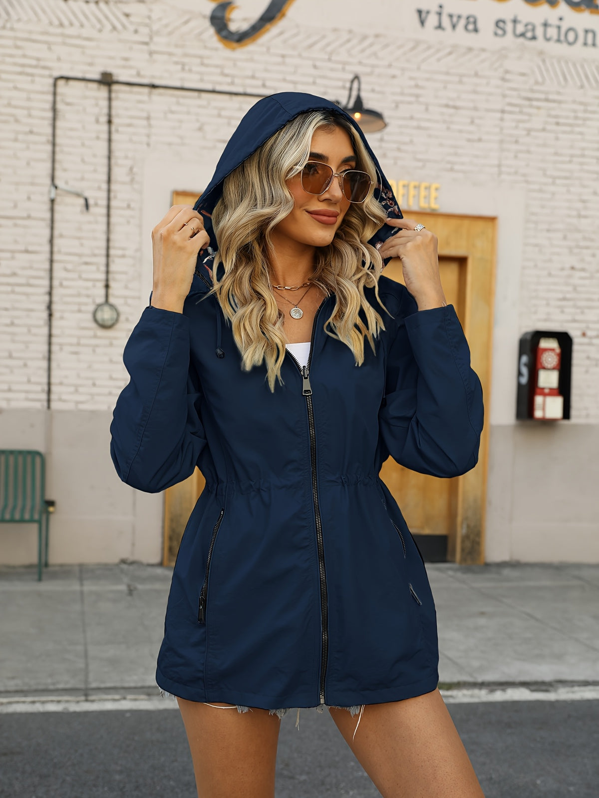 Double-Sided Jacket Women'S Spring And Autumn, Two-Sided Wear, Casual Hooded Jacket, Versatile Lightweight Print (Wash Label Size Label Inside Pocket) - Navy blue color