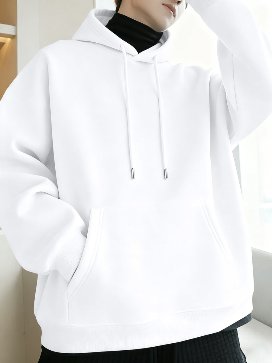Thanksgiving Men's Hoodie with "AMOR" Blue Ink Splatter Graffiti Print on the Back, Warm and Comfortable Autumn/Winter Hooded Sweatshirt, Featuring a Practical Kangaroo Pocket, Trendy Brand-Style Stacked Letter Pattern and Floral Design - White