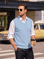 Xingfan OBM Men's Autumn/Winter Light Luxury New Ribbed V-Neck Cable Knit Vest, Rhombus Jacquard Sleeveless Sweater Cardigan, Business Gentleman's Layering Knit Top. Soft and Warm Knitted Fabric, Vintage Three-dimensional Cable Knit Rhombus Texture - Light Blue