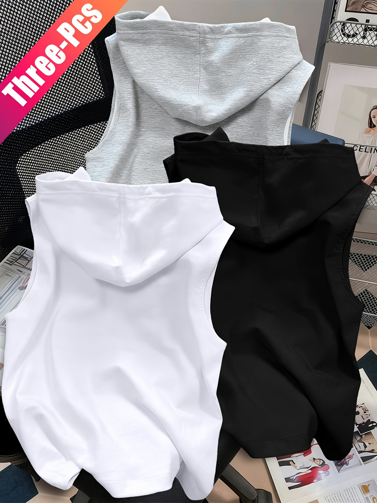 3pcs Men's Hooded Tank Tops - Korean Style Sleeveless Vests, Loose Fit Slimming Athletic Shirts Suitable for Summer Gym, Layering Base Layers, Machine Washable Solid Color Tops, Multi-Color Options for Casual & Outdoor Wear - White+Black+Grey
