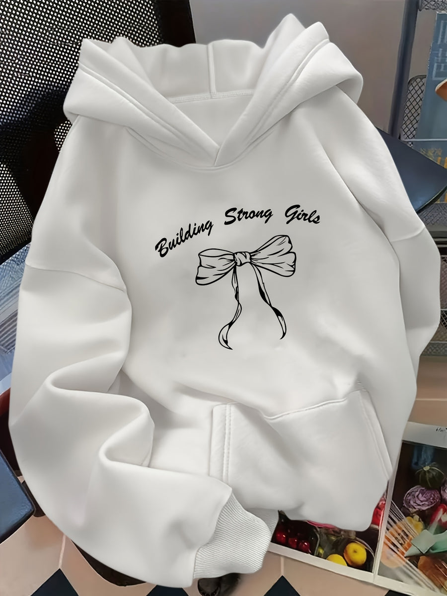 Women's Oversized Hooded Sweatshirt with Bow & Letter ' Print - Cozy Loose-Fit Sweater, Medium-Stretch Fabric, Machine Washable, Spring/Autumn Casual Wear (Year-Round) - Bow & Letter ' Design for Layering, Loose Sweater - White